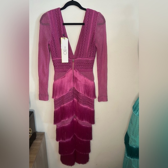NWT PATBO fuchsia fringe crochet long sleeve dress Cerise pink small | 4 - Picture 11 of 14
